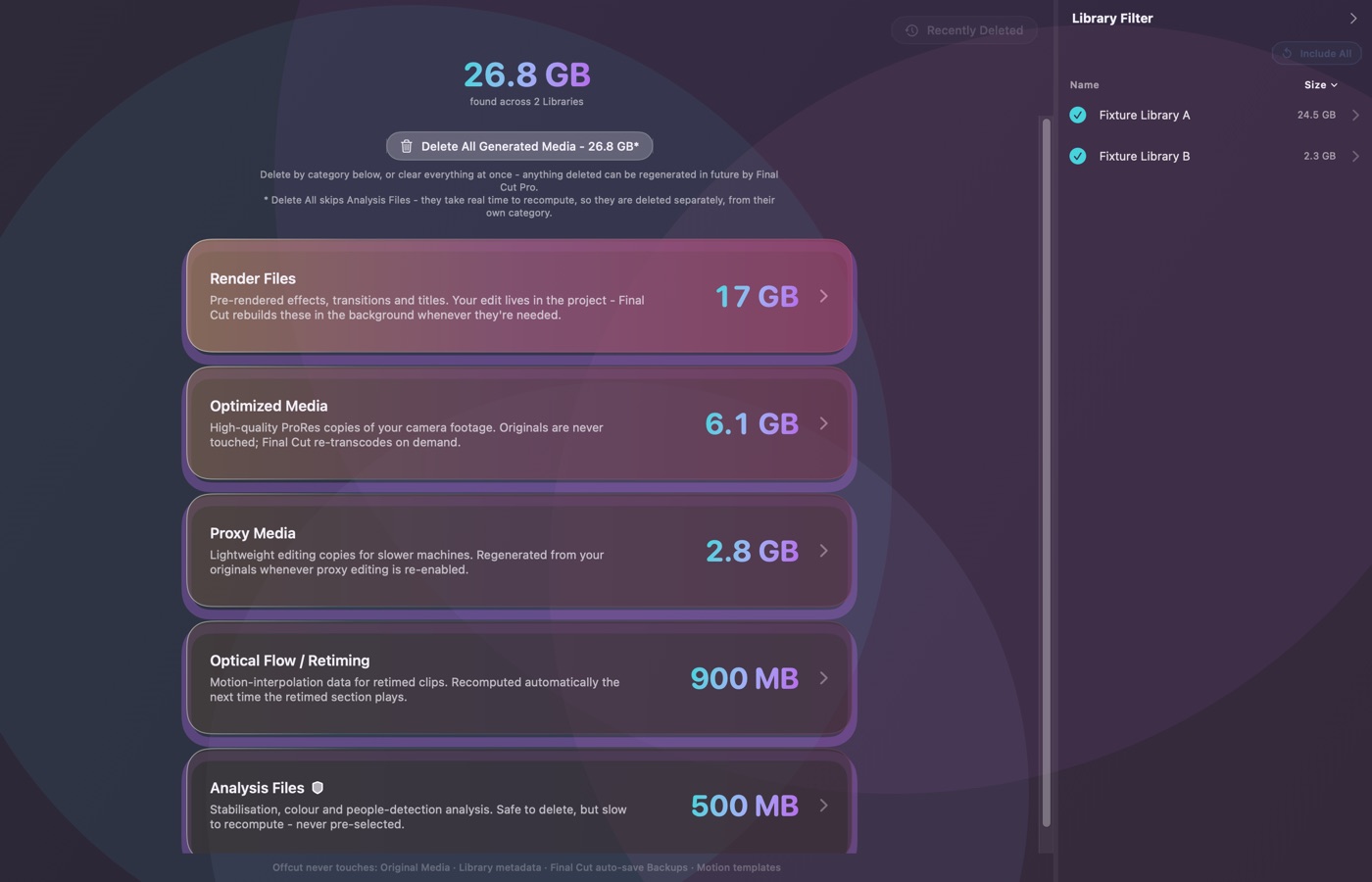 Generated Media broken down by category, with render files and caches Final Cut can rebuild
